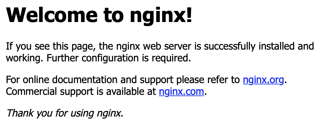 A cropped screenshot of the nginx webserver's default landing page. It has black text on a white background and is titled 'Welcome to nginx!'