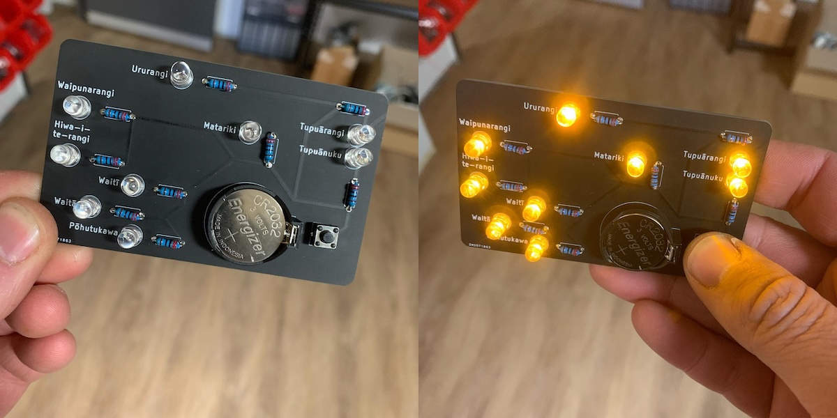 Two pictures side-by-side. They show a matte black circuit board with white text and soldered components. In the right-hand image there are nine lit LEDs in the position of the stars of Matariki.